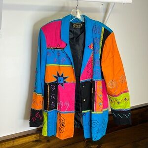 Vintage Alex Kim Jacket Blue, Pink & Orange Patchwork‎ Embroidered Neon 80’s- L